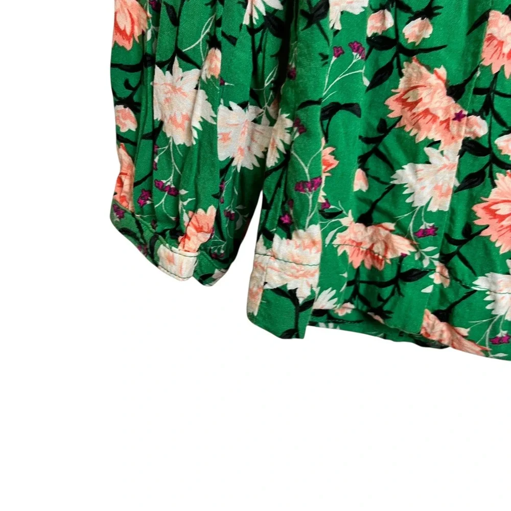 Old Navy Green Floral Pintuck Tie Neck Long‎ Sleeve Blouse Top Women's XS (3120)